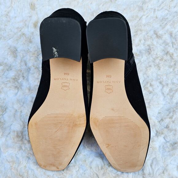 Black Suede Bootie Ann Taylor Breanna Size 6 Leather Harness Buckle Square Toe - Picture 11 of 13